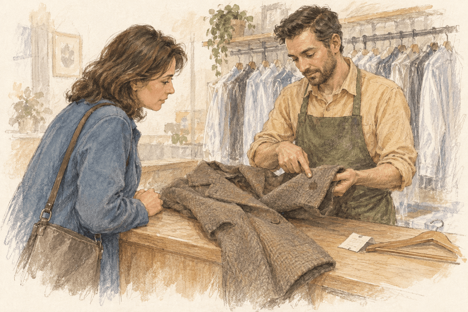Pencil and watercolor sketch of a dry-cleaning employee inspecting a mark on a coat with a customer at the counter.