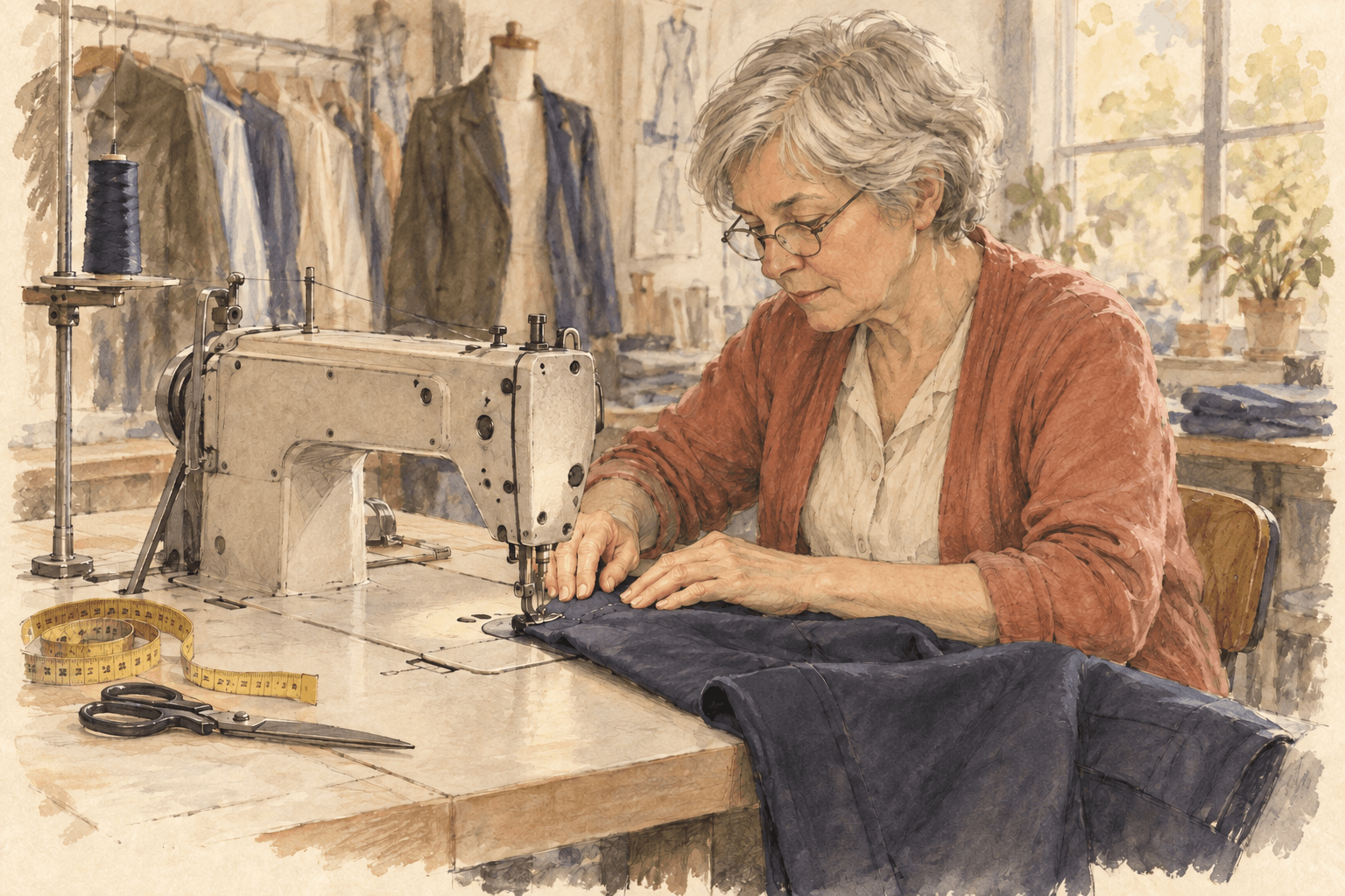 Pencil and watercolor sketch of a seamstress guiding a trouser hem through a sewing machine.