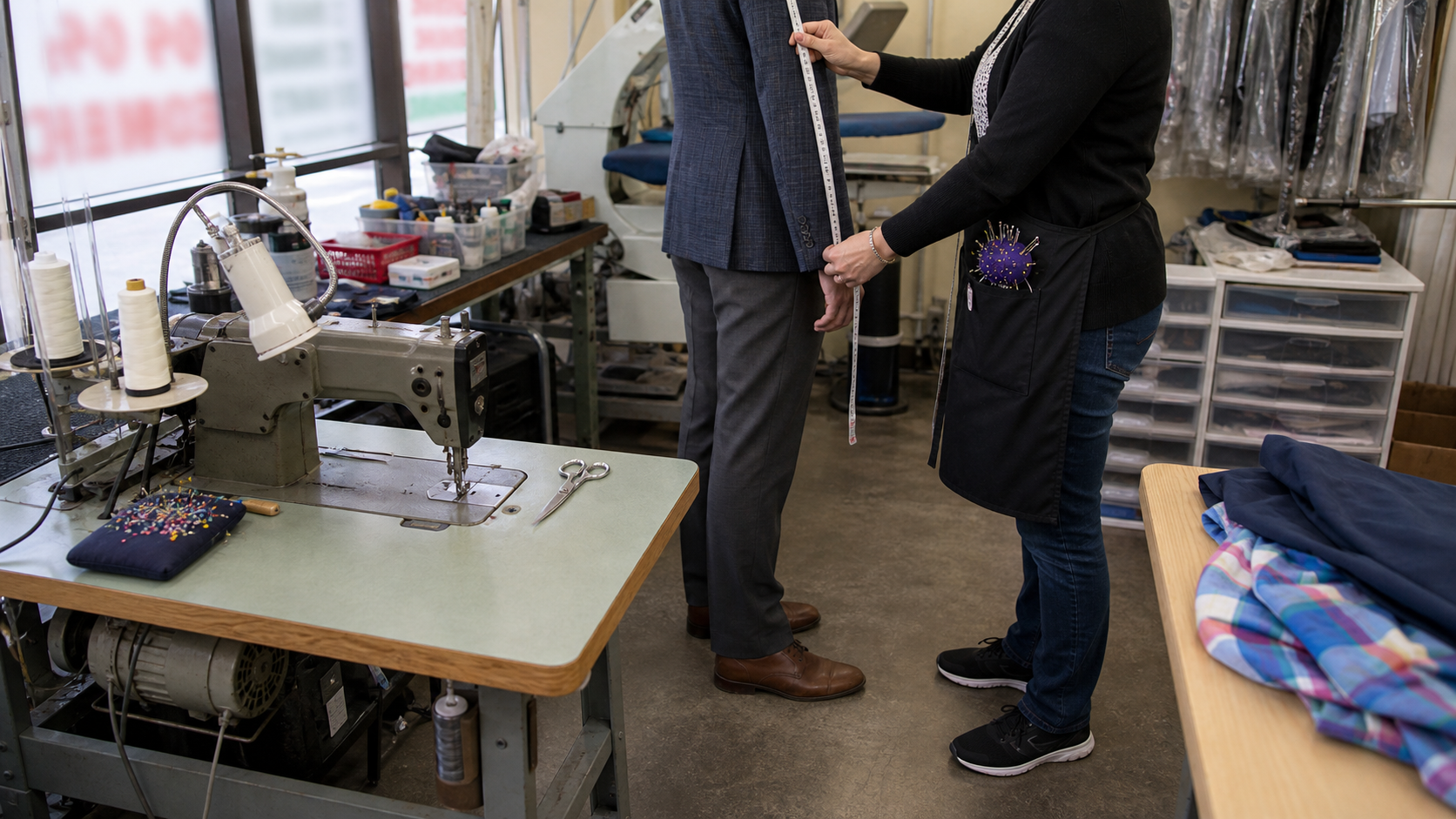 An alterations professional measuring a customer's sleeve
