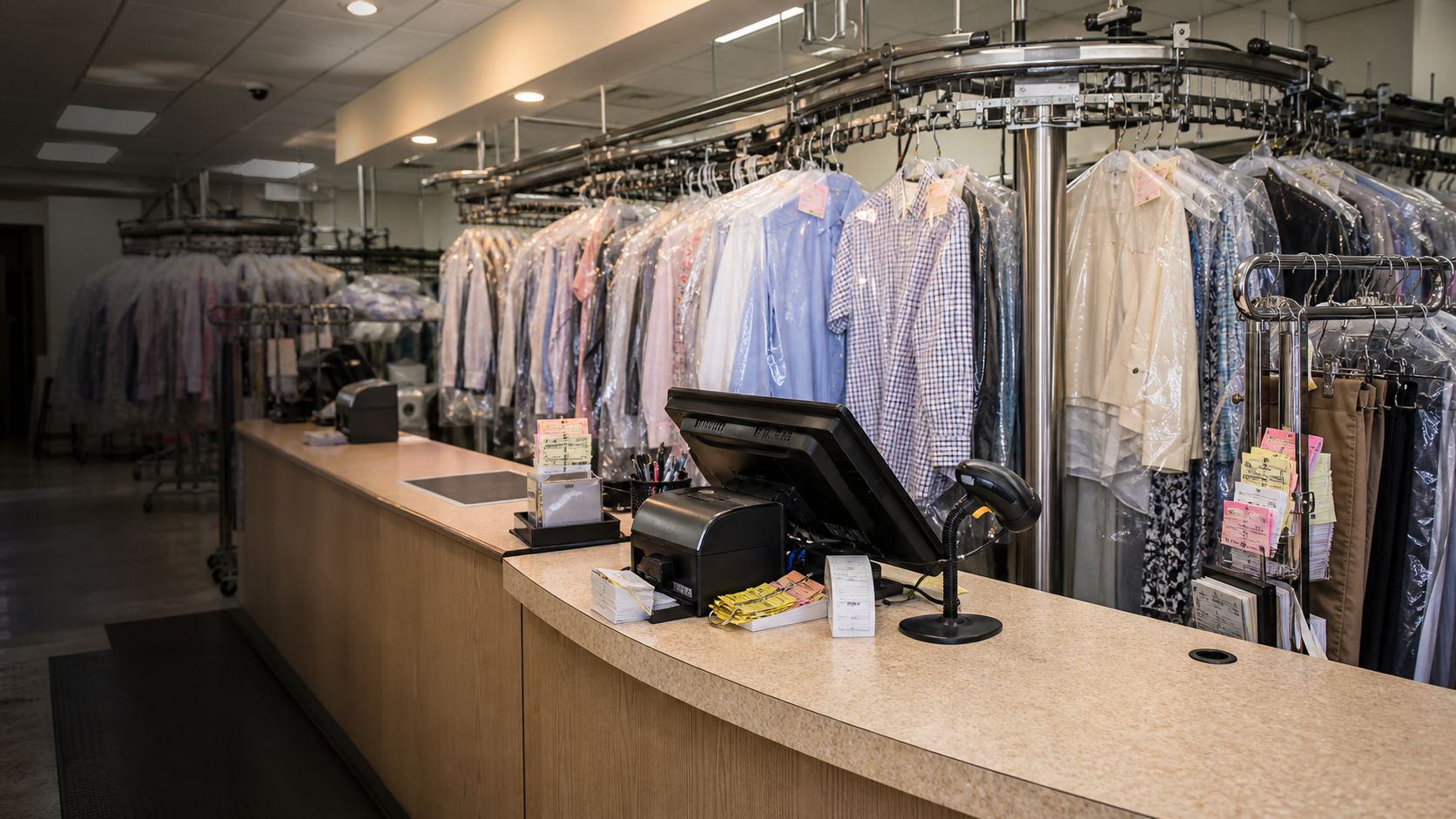 A dry-cleaning shop counter